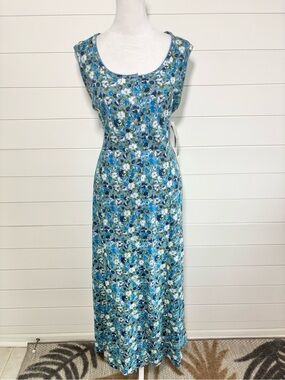 Brett Alixander Vintage  Blue & Green Floral Scoop Neck Midi Dress - Sleeveless